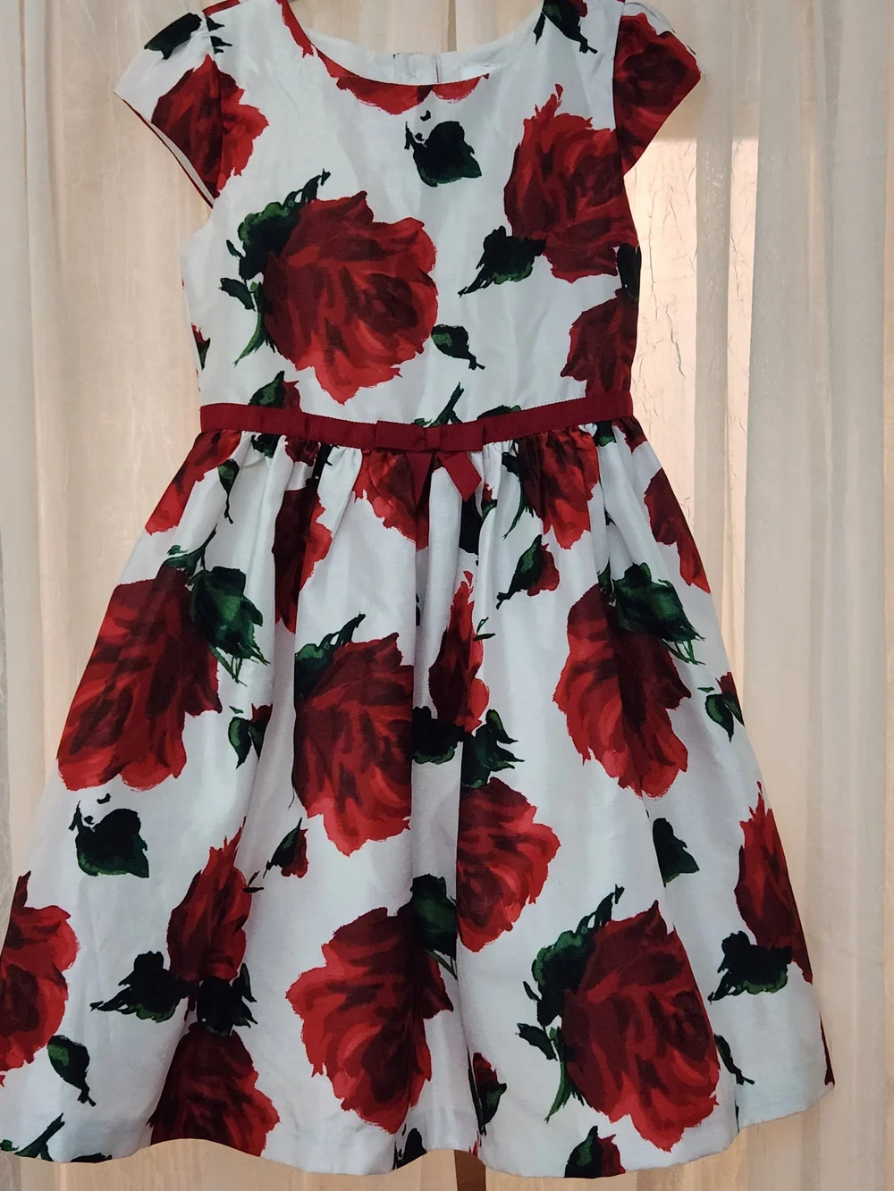 Gymboree White Dress with Red Rose Print & Green Leaves, Sz 5, EPreLC